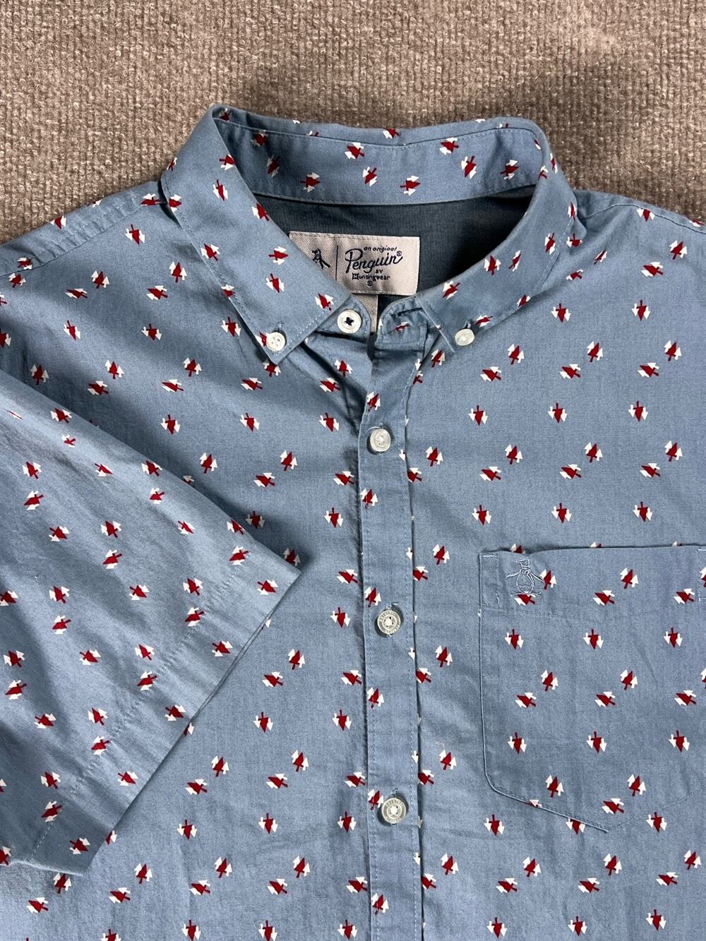 Original Penguin Shirt Blue Geometric Print Short Sleeve Button Down Mens Medium